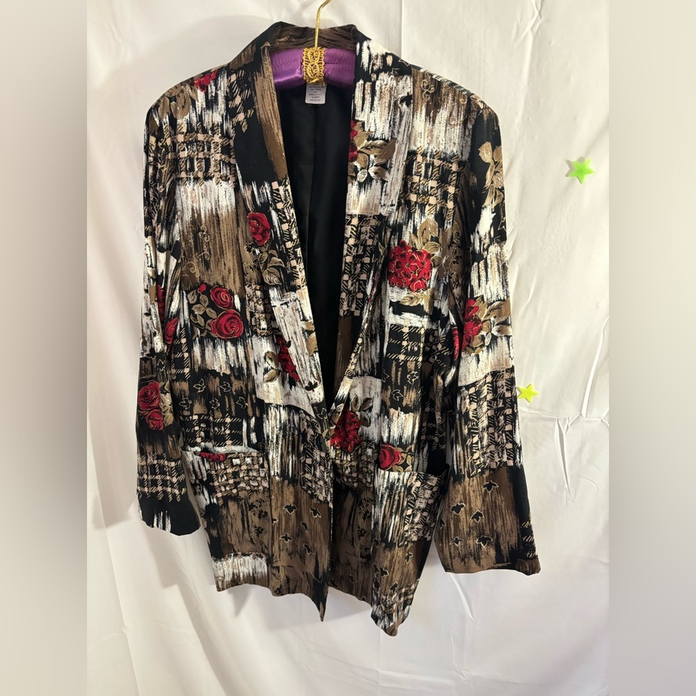 Vintage Women’s Lightweight Red Rose Abstract Earth Tones Oversized Blazer M/L‎ - Picture 15 of 16